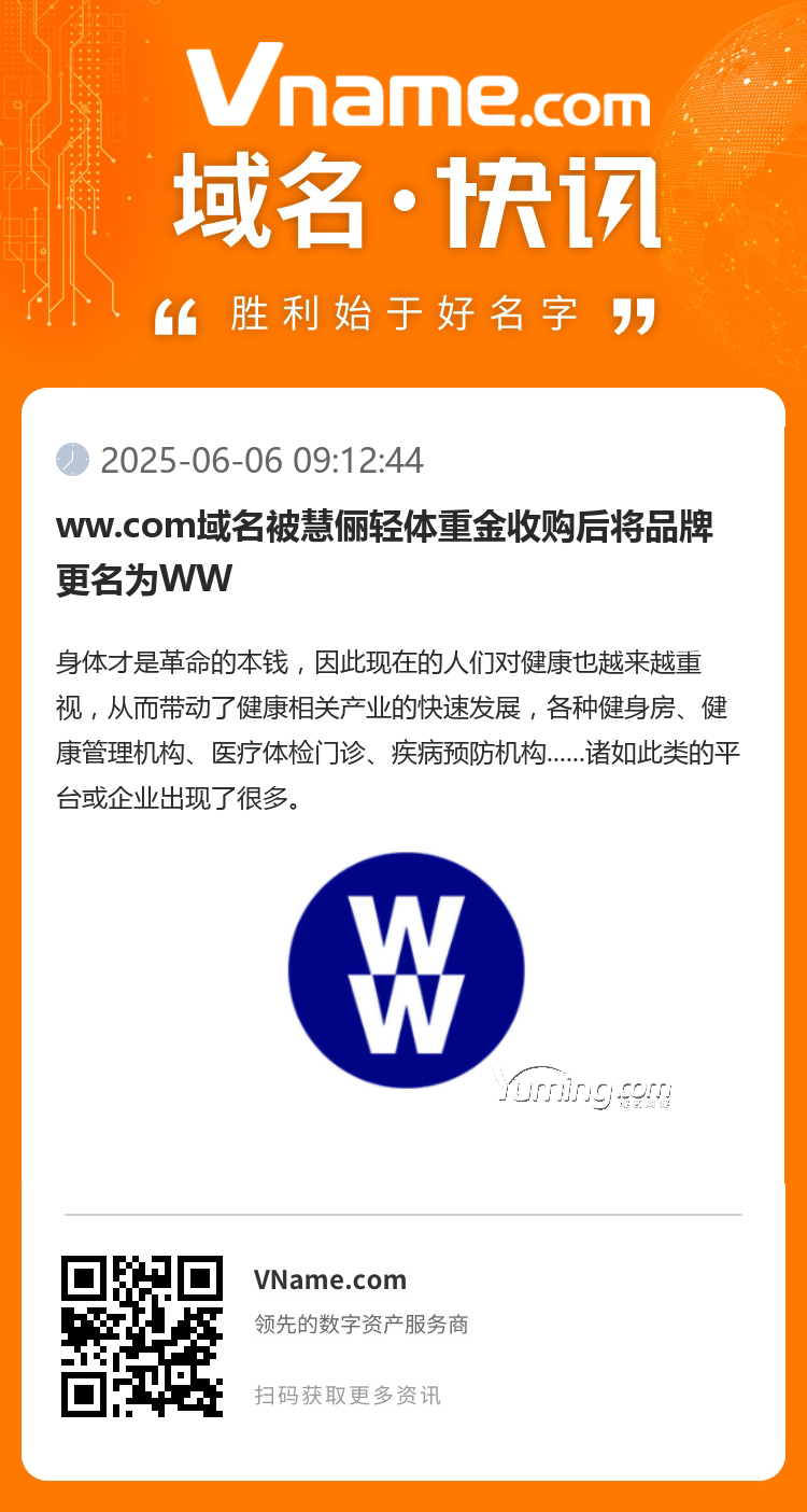 ww.com域名被慧儷輕體重金收購后將品牌更名為WW
