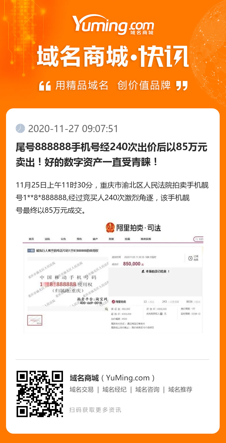 尾號888888手機號經240次出價后以85萬元賣出！好的數字資產一直受青睞！