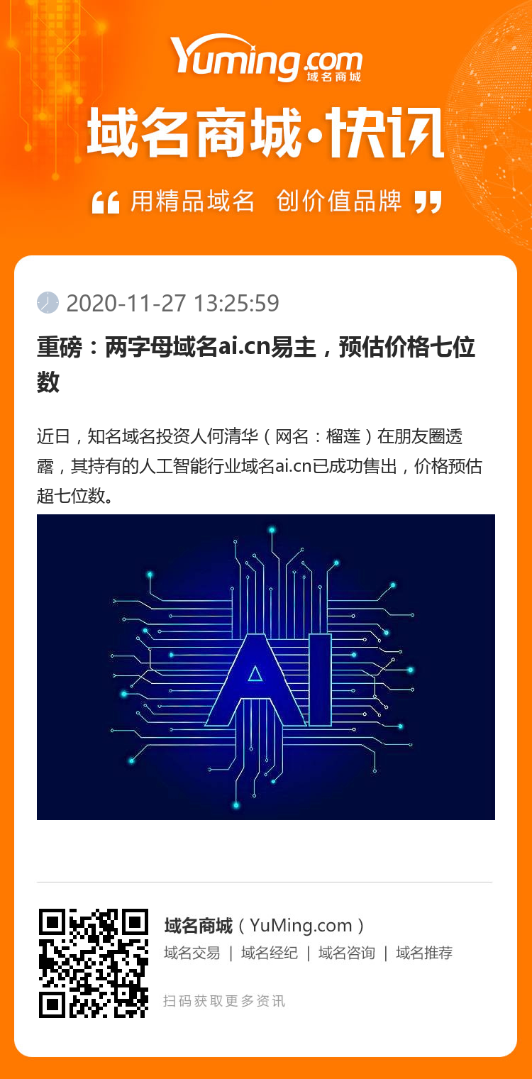 重磅：兩字母域名ai.cn易主，預估價格七位數