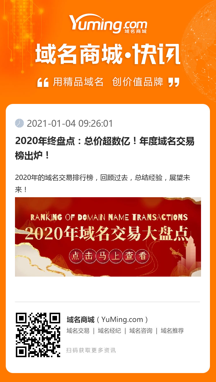 2020年終盤點(diǎn)：總價超數(shù)億！年度域名交易榜出爐！