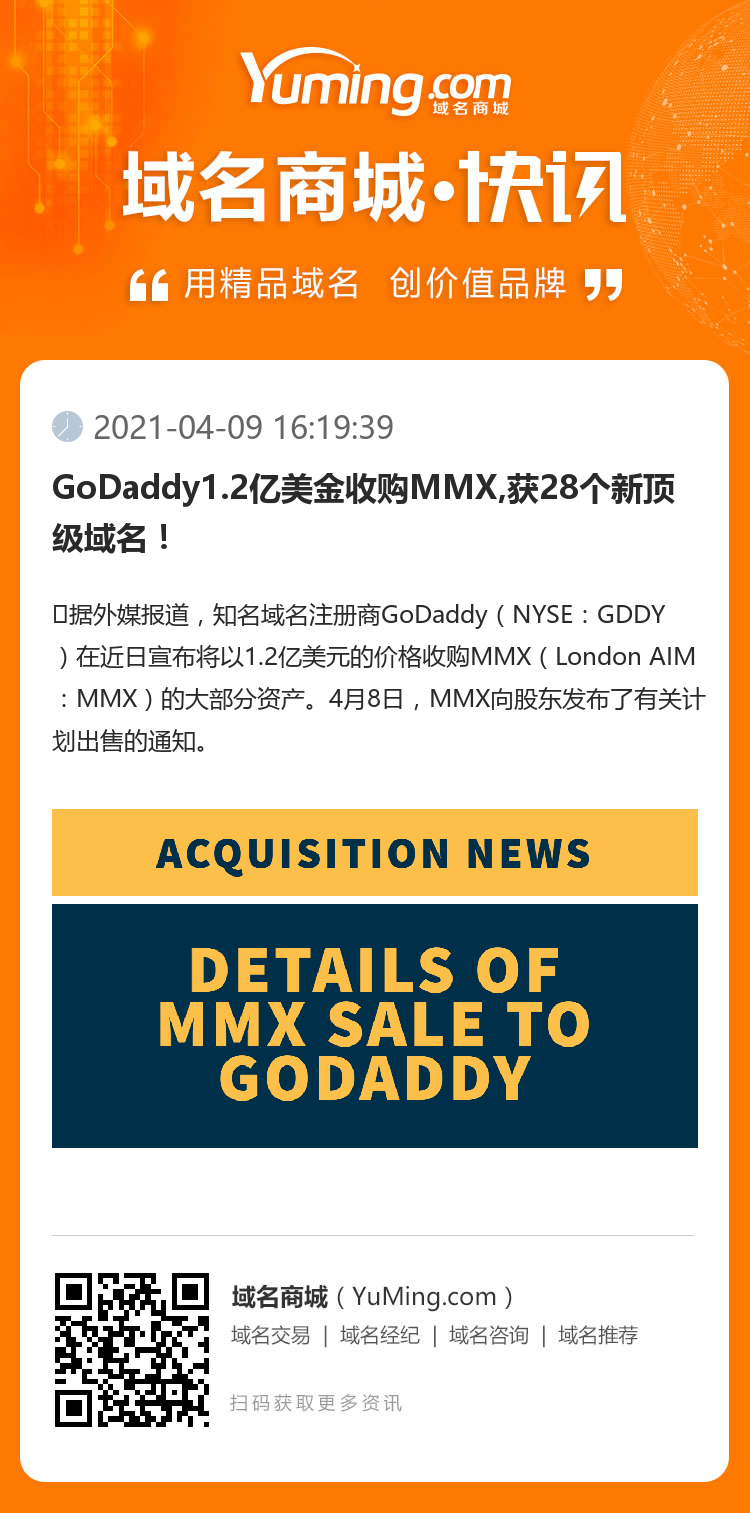 GoDaddy1.2億美金收購MMX,獲28個新頂級域名！