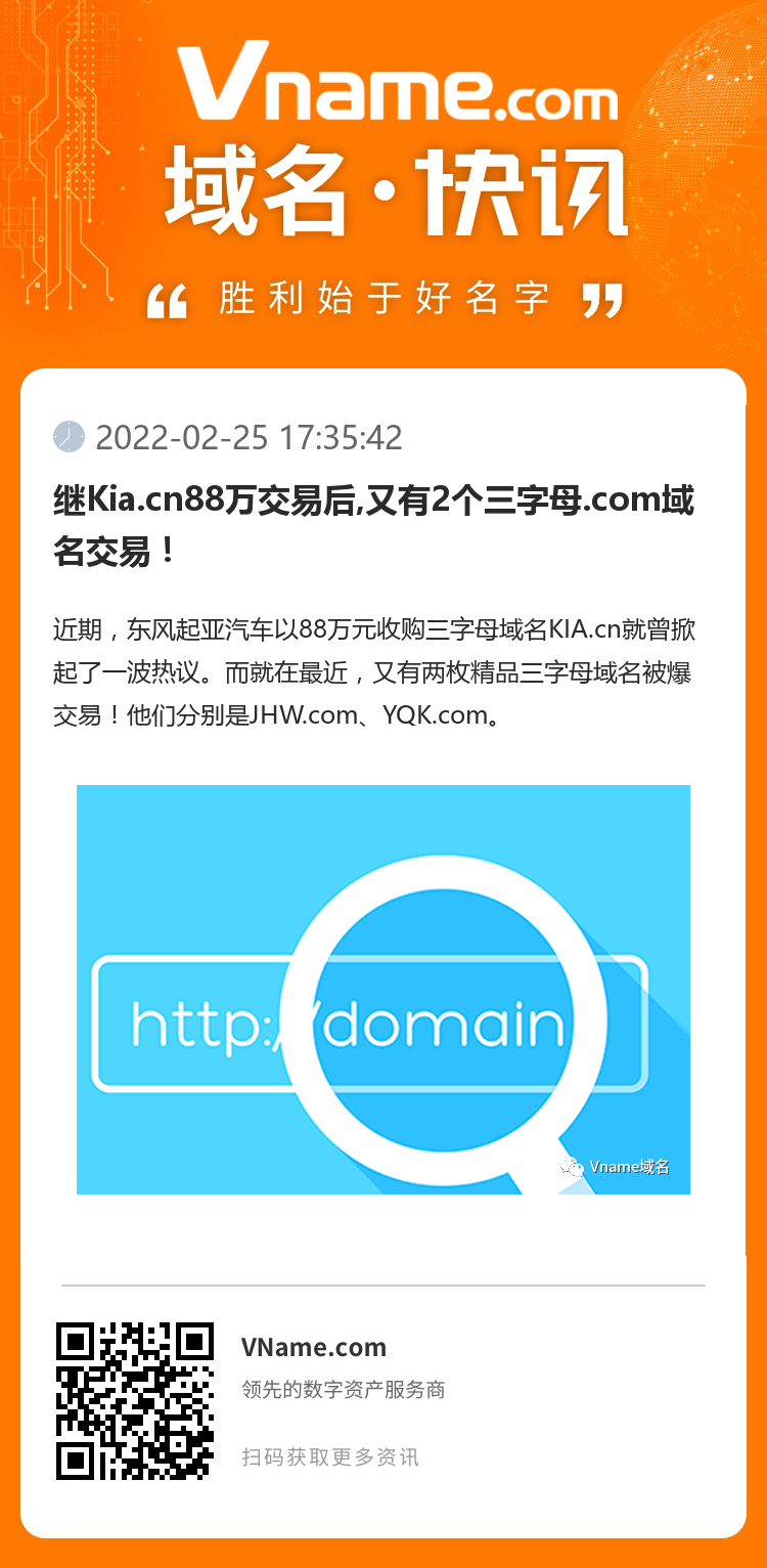 繼Kia.cn88萬交易后,又有2個三字母.com域名交易！