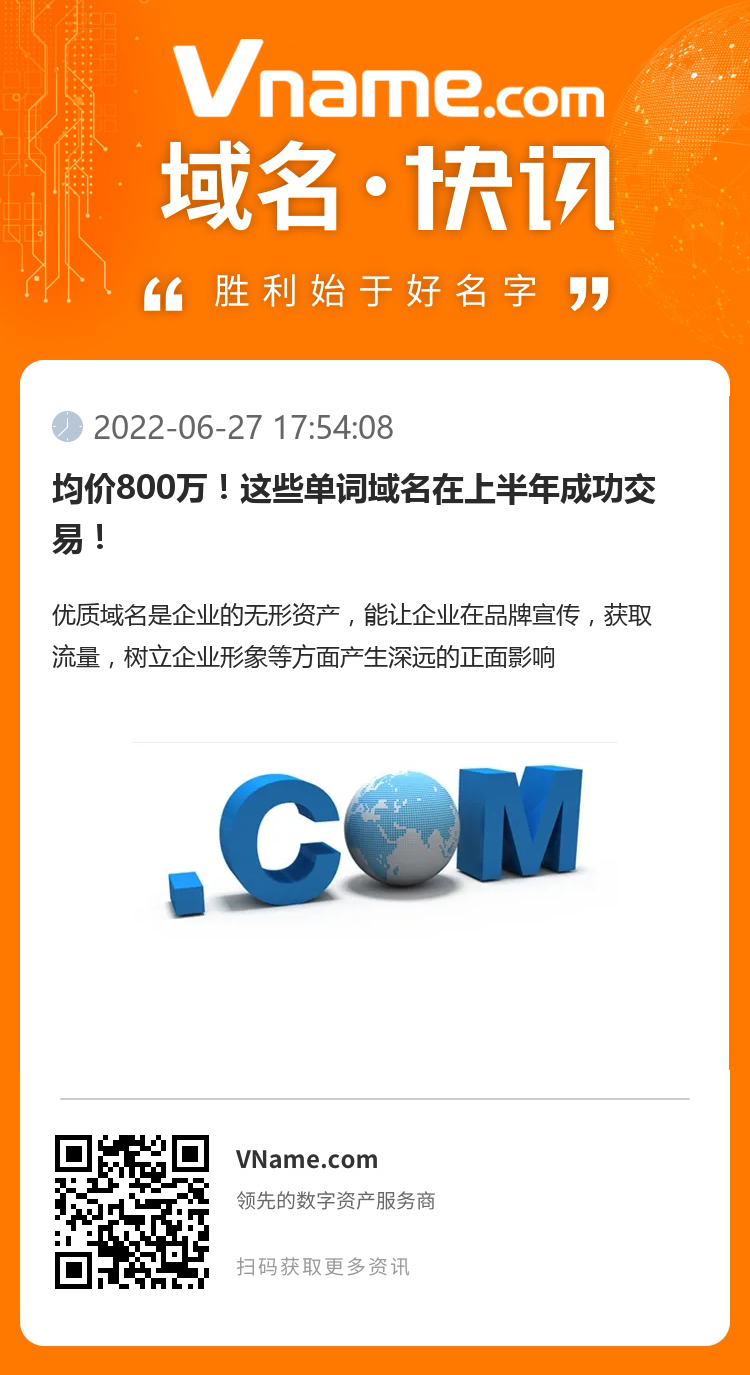 均價(jià)800萬！這些單詞域名在上半年成功交易！