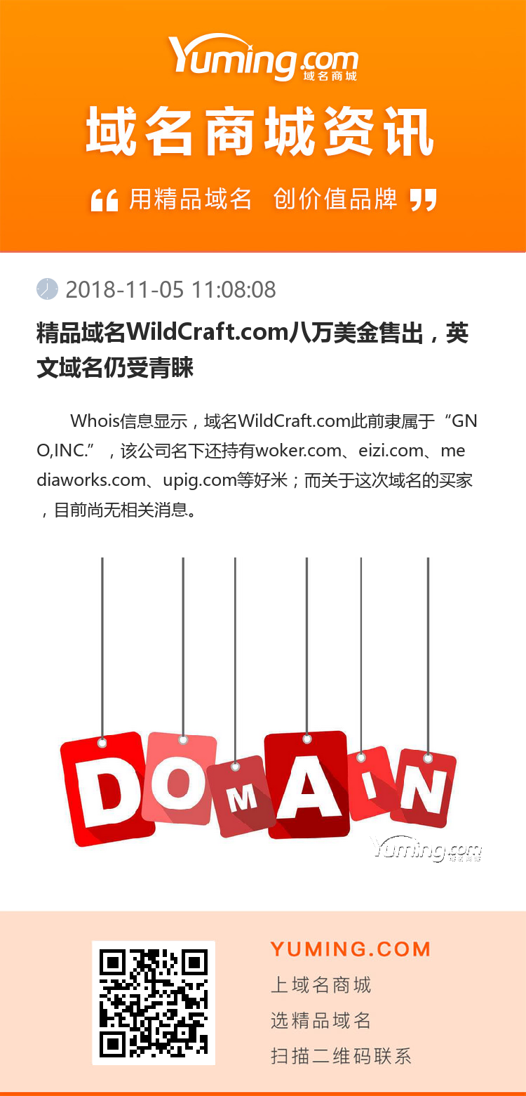 精品域名WildCraft.com八萬美金售出，英文域名仍受青睞