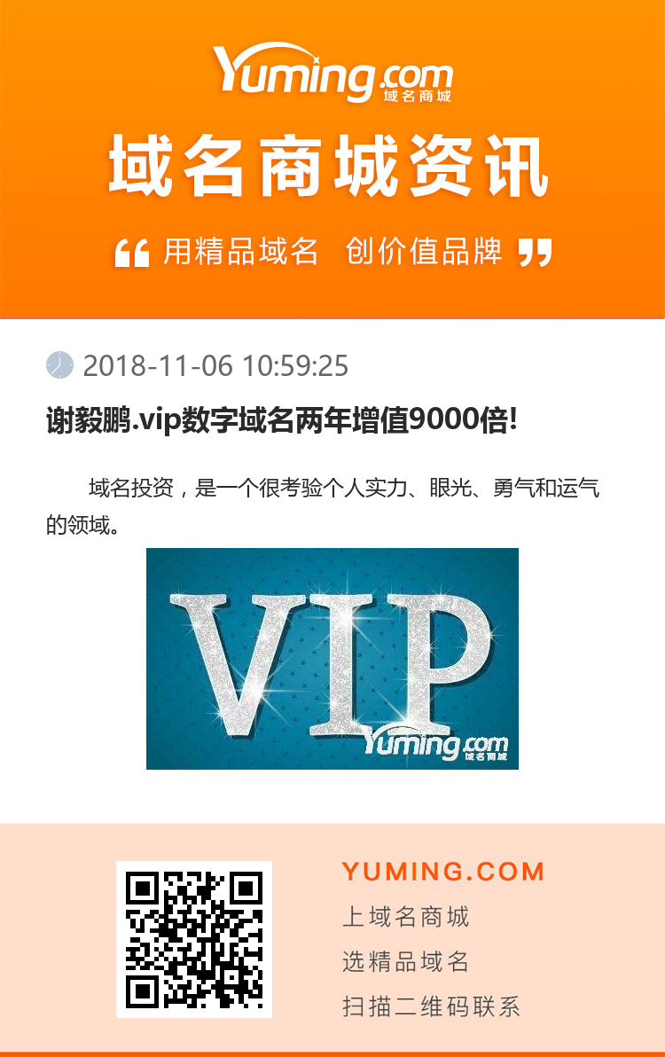 謝毅鵬.vip數字域名兩年增值9000倍!
