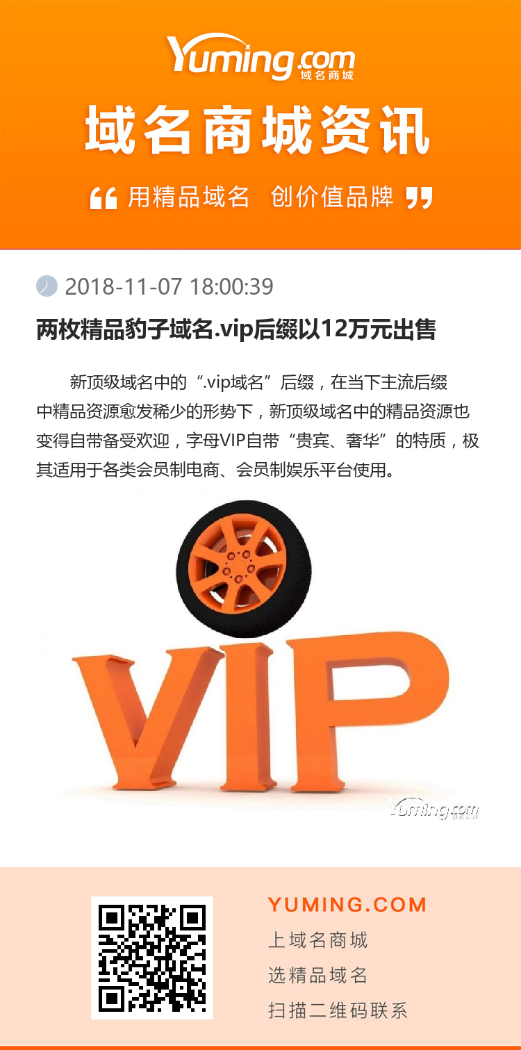 兩枚精品豹子域名.vip后綴以12萬元出售