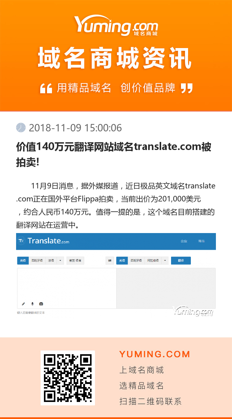 價(jià)值140萬元翻譯網(wǎng)站域名translate.com被拍賣!