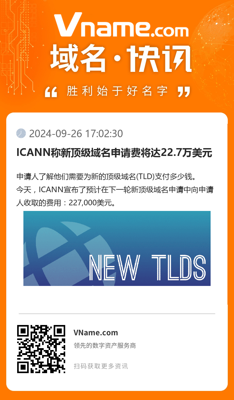 ICANN稱新頂級域名申請費將達22.7萬美元