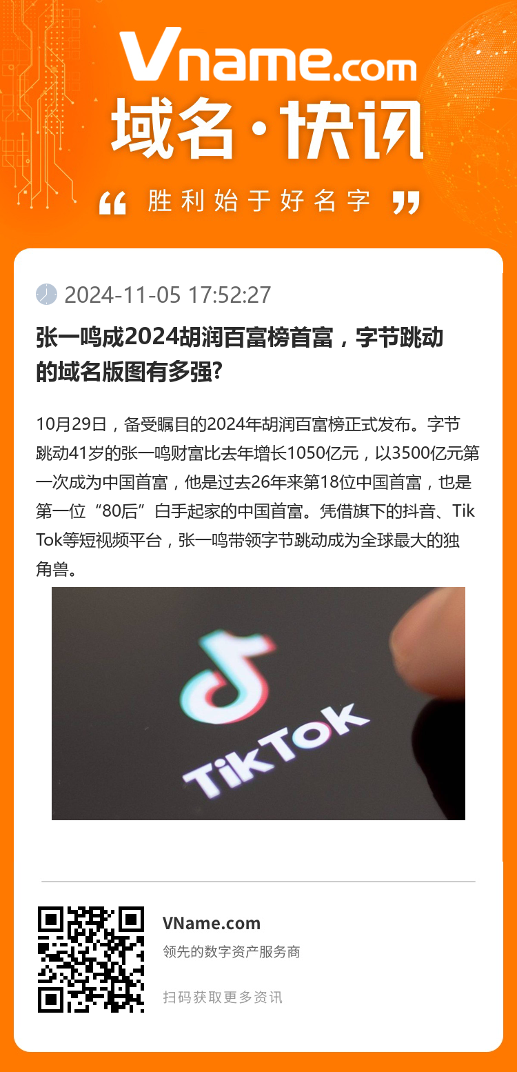 張一鳴成2024胡潤百富榜首富，字節跳動的域名版圖有多強?