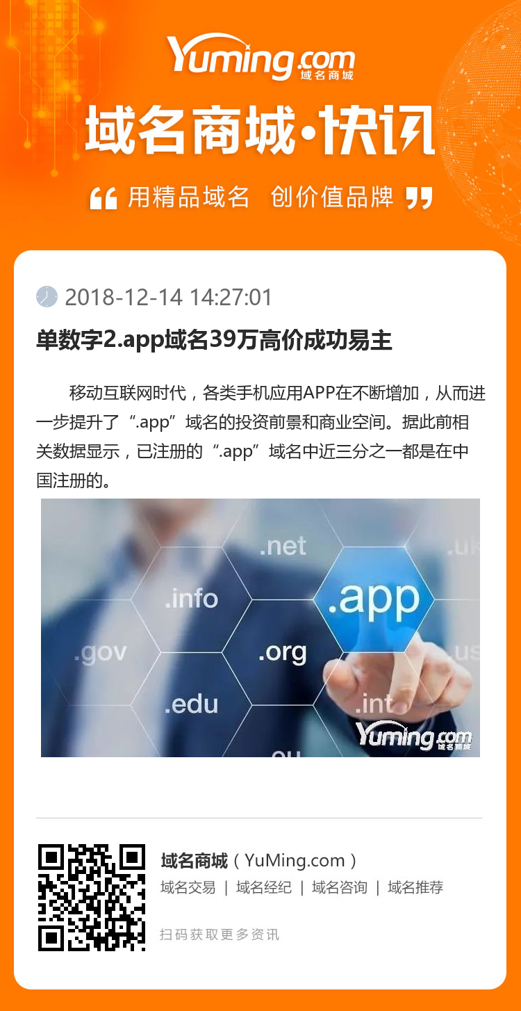 單數(shù)字2.app域名39萬高價成功易主