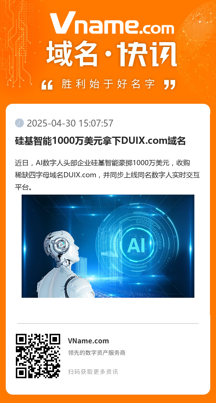 硅基智能1000萬美元拿下DUIX.com域名