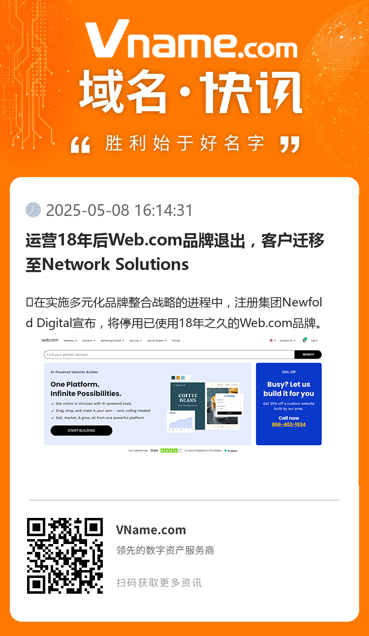 運營18年后Web.com品牌退出，客戶遷移至Network Solutions