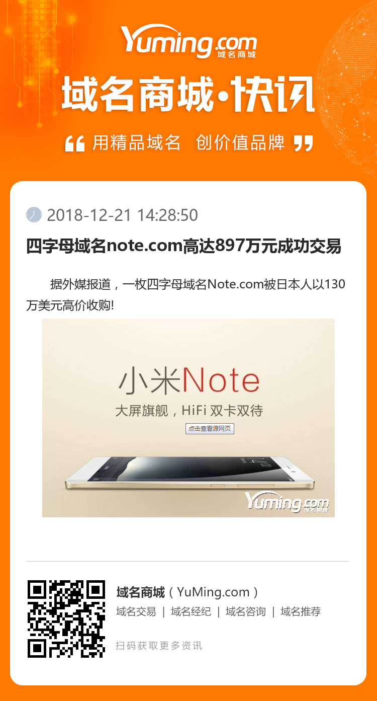 四字母域名note.com高達897萬元成功交易