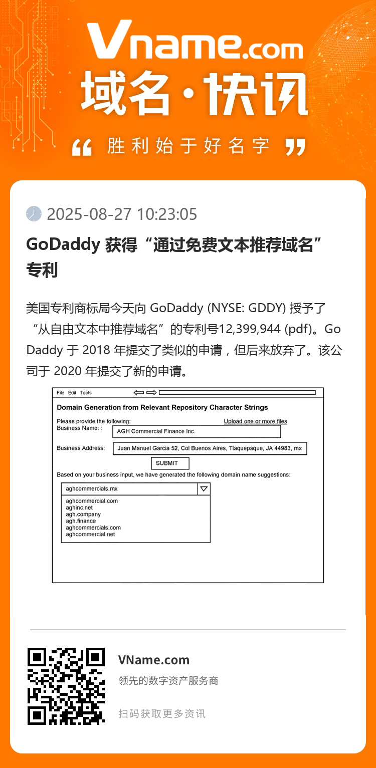 GoDaddy 獲得“通過(guò)免費(fèi)文本推薦域名”專利
