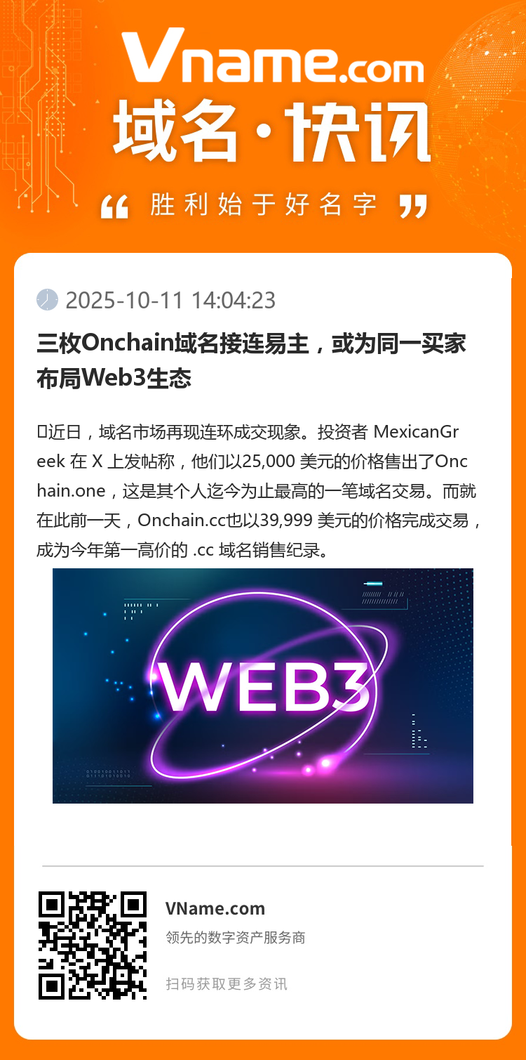 三枚Onchain域名接連易主，或為同一買家布局Web3生態