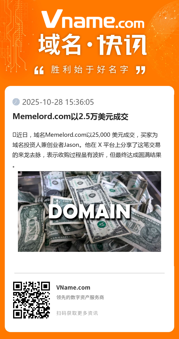Memelord.com以2.5萬(wàn)美元成交