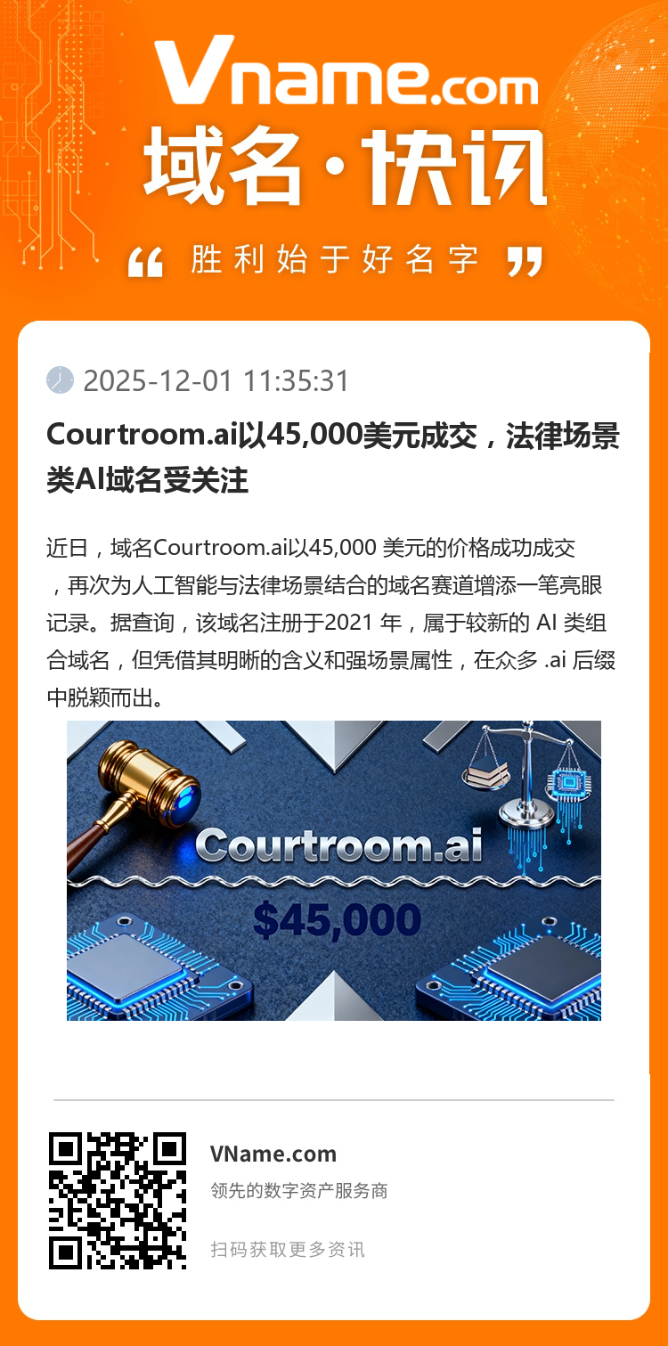 Courtroom.ai以45,000美元成交，法律場(chǎng)景類AI域名受關(guān)注