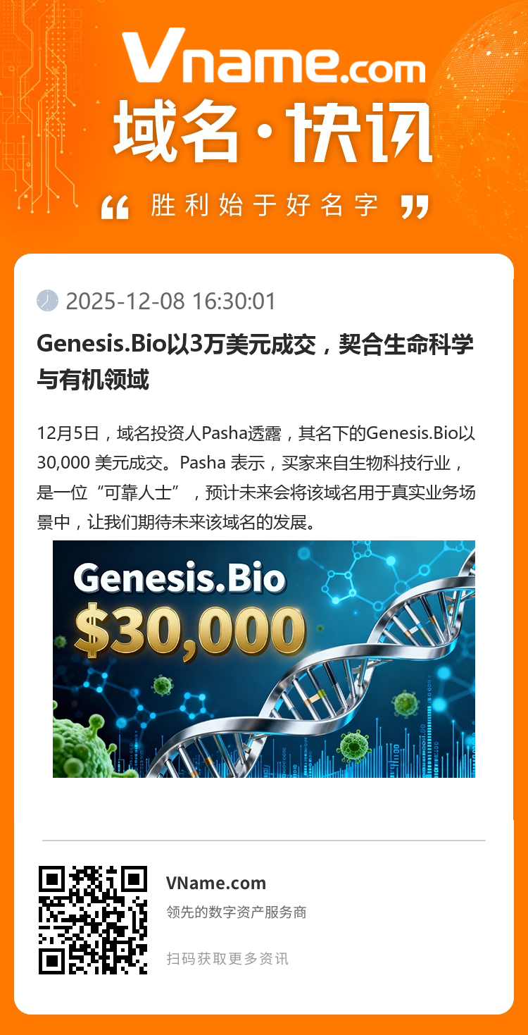 Genesis.Bio以3萬美元成交，契合生命科學與有機領域