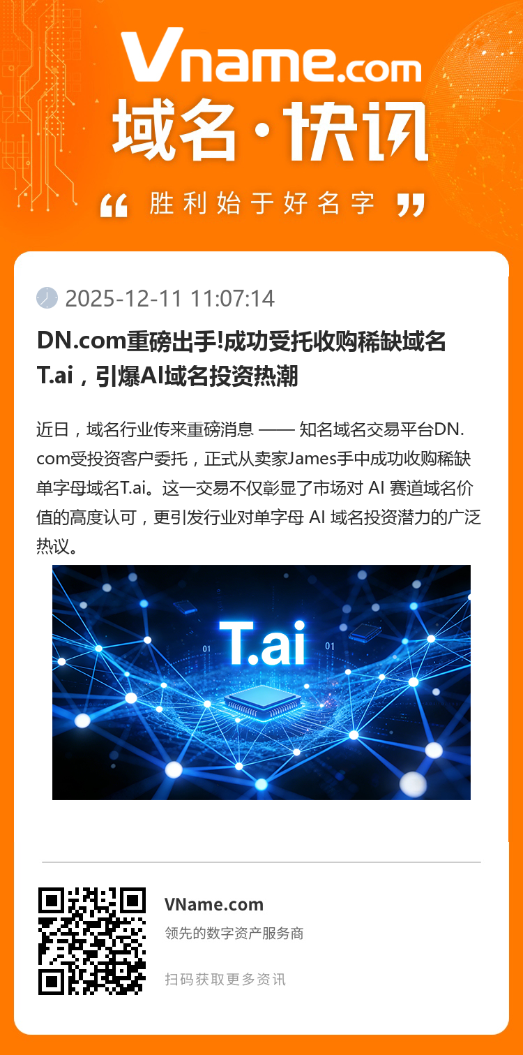 DN.com重磅出手!成功受托收購稀缺域名T.ai，引爆AI域名投資熱潮