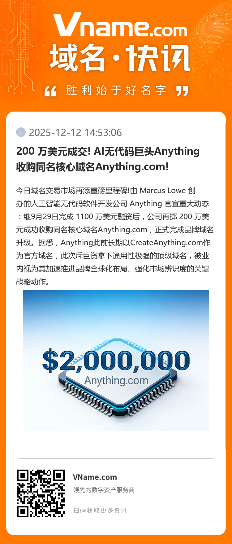 200 萬(wàn)美元成交! AI無(wú)代碼巨頭Anything收購(gòu)?fù)诵挠蛎鸄nything.com!