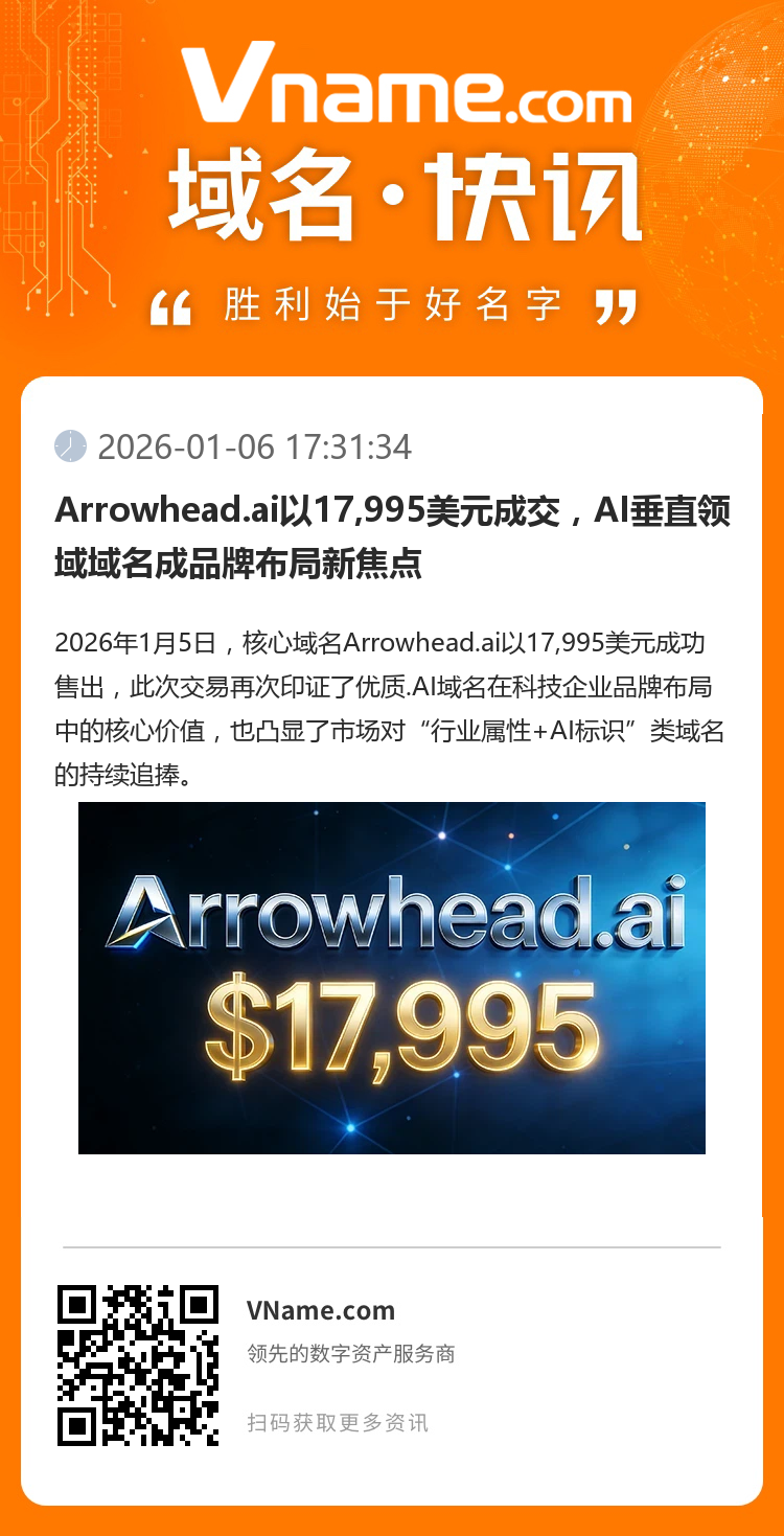 Arrowhead.ai以17,995美元成交，AI垂直領域域名成品牌布局新焦點