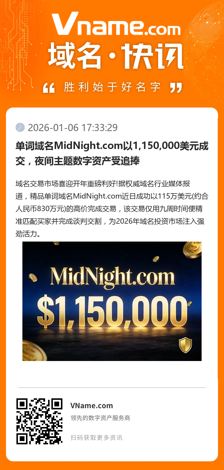 單詞域名MidNight.com以1,150,000美元成交，夜間主題數(shù)字資產(chǎn)受追捧
