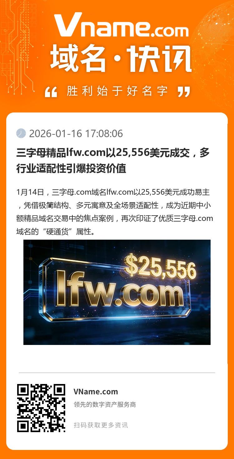三字母精品lfw.com以25,556美元成交，多行業適配性引爆投資價值