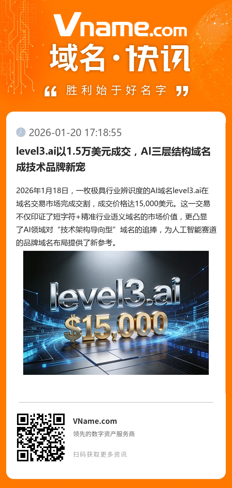 level3.ai以1.5萬美元成交，AI三層結構域名成技術品牌新寵