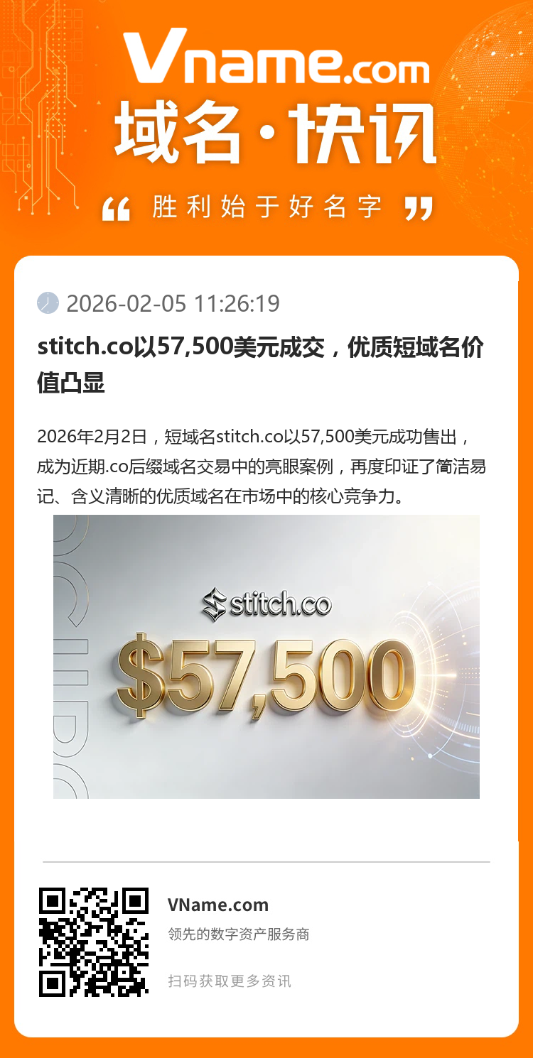 stitch.co以57,500美元成交，優質短域名價值凸顯