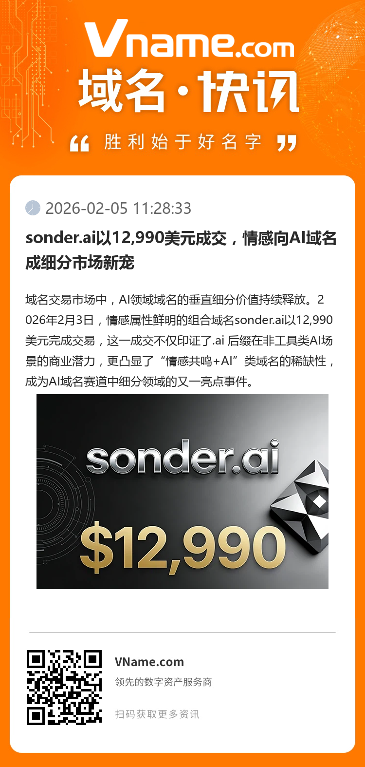 sonder.ai以12,990美元成交，情感向AI域名成細(xì)分市場新寵