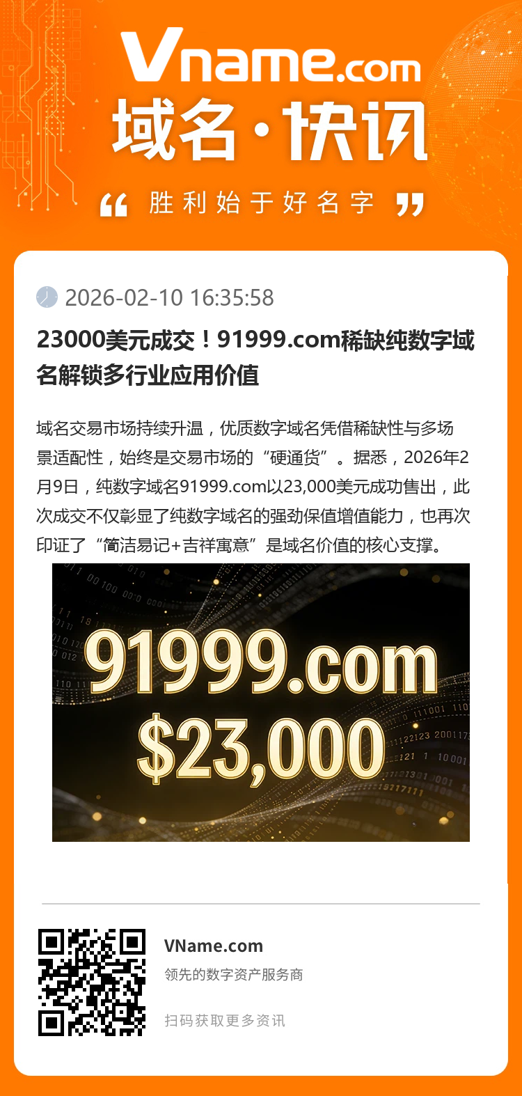 23000美元成交！91999.com稀缺純數字域名解鎖多行業應用價值