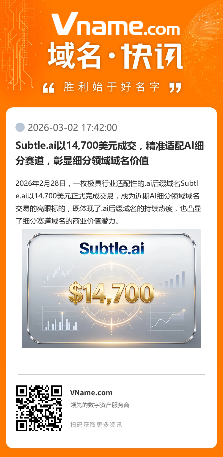 Subtle.ai以14,700美元成交，精準適配AI細分賽道，彰顯細分領域域名價值