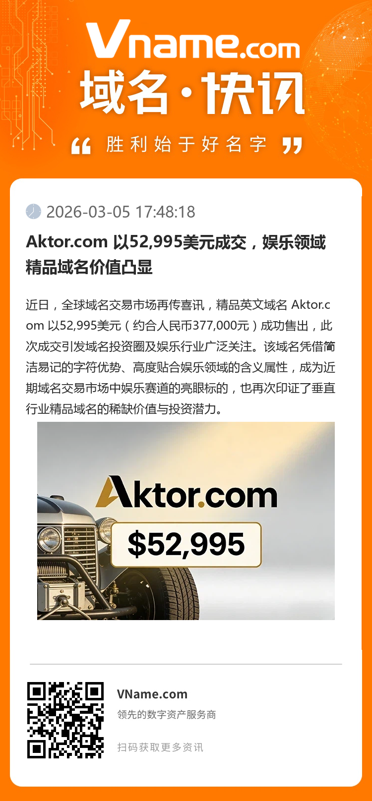 Aktor.com 以52,995美元成交，娛樂領域精品域名價值凸顯