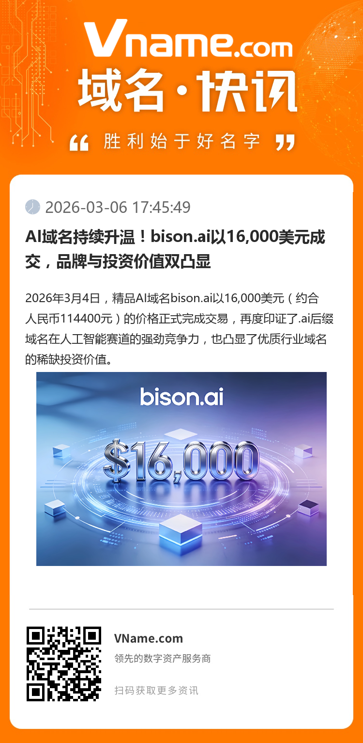 AI域名持續升溫！bison.ai以16,000美元成交，品牌與投資價值雙凸顯