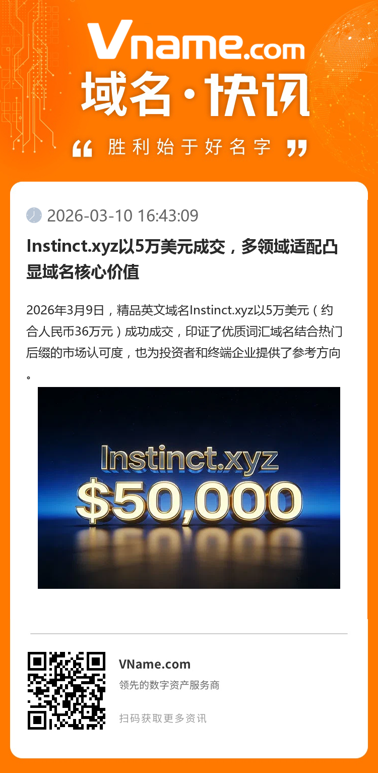 Instinct.xyz以5萬美元成交，多領域適配凸顯域名核心價值