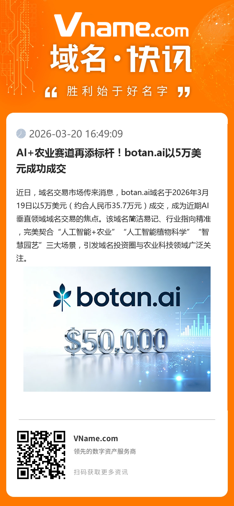 AI+農(nóng)業(yè)賽道再添標桿！botan.ai以5萬美元成功成交