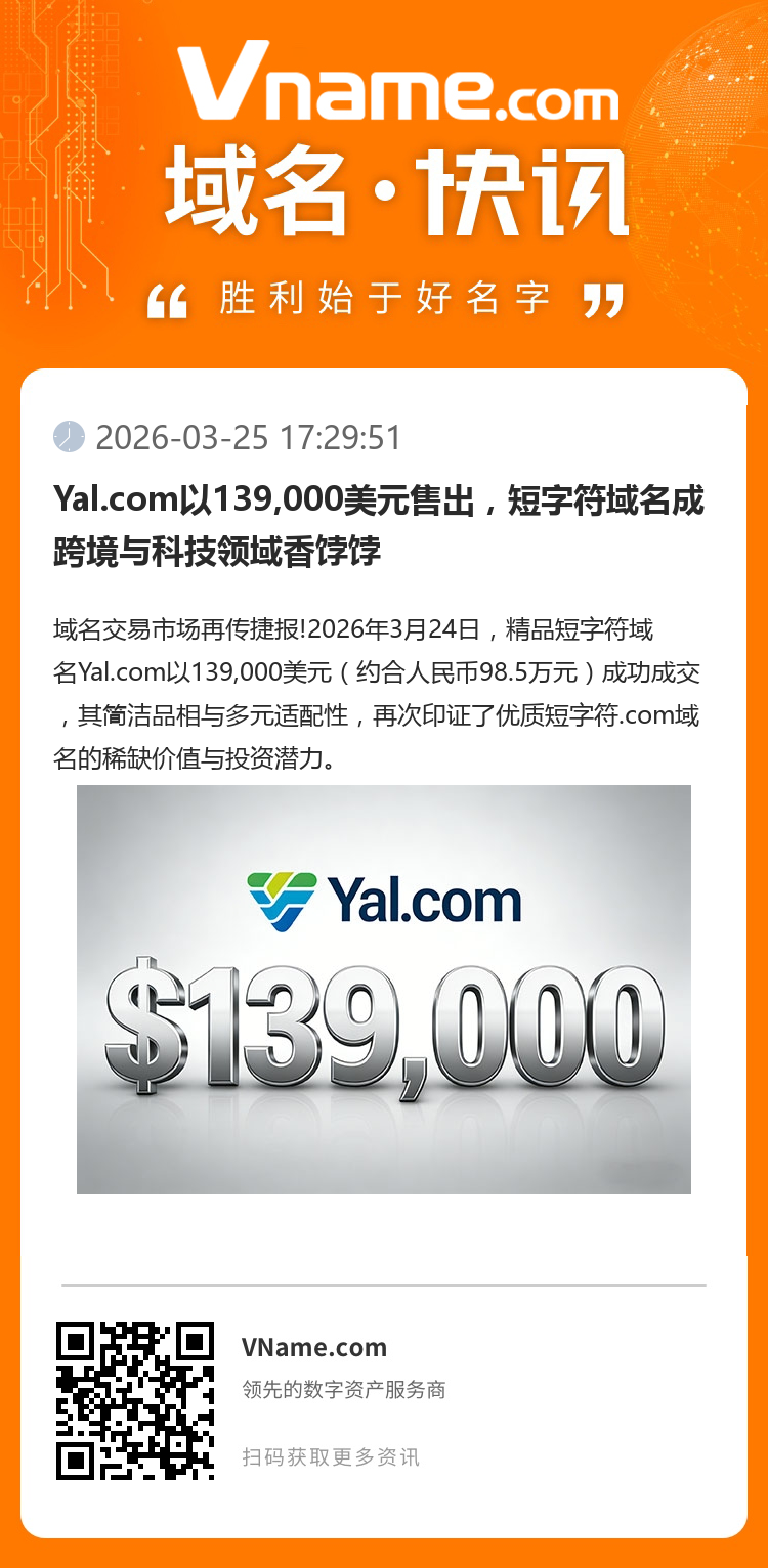 Yal.com以139,000美元售出，短字符域名成跨境與科技領域香餑餑