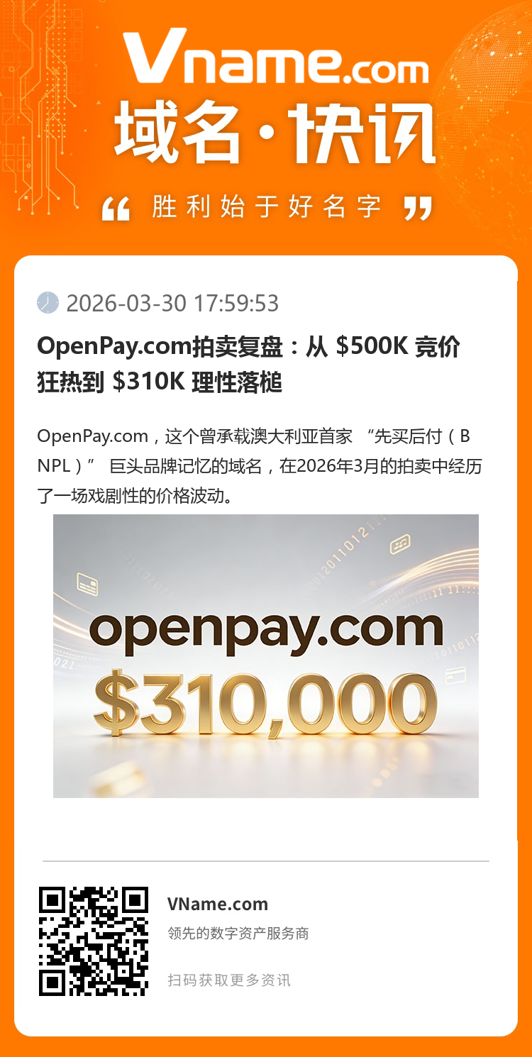 OpenPay.com拍賣復盤：從 $500K 競價狂熱到 $310K 理性落槌