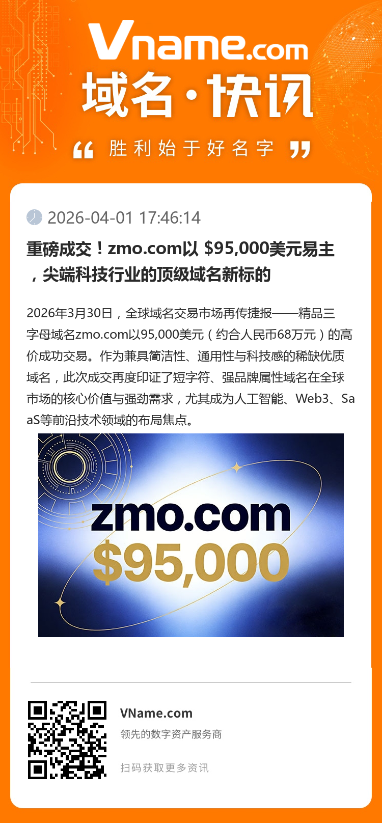 重磅成交！zmo.com以 $95,000美元易主，尖端科技行業(yè)的頂級(jí)域名新標(biāo)的