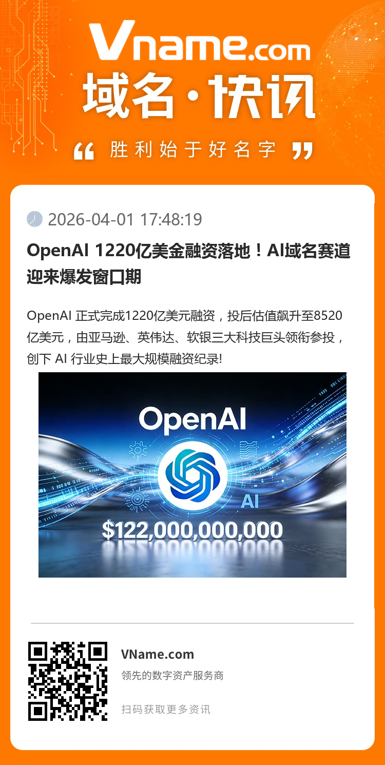 OpenAI 1220億美金融資落地！AI域名賽道迎來爆發(fā)窗口期