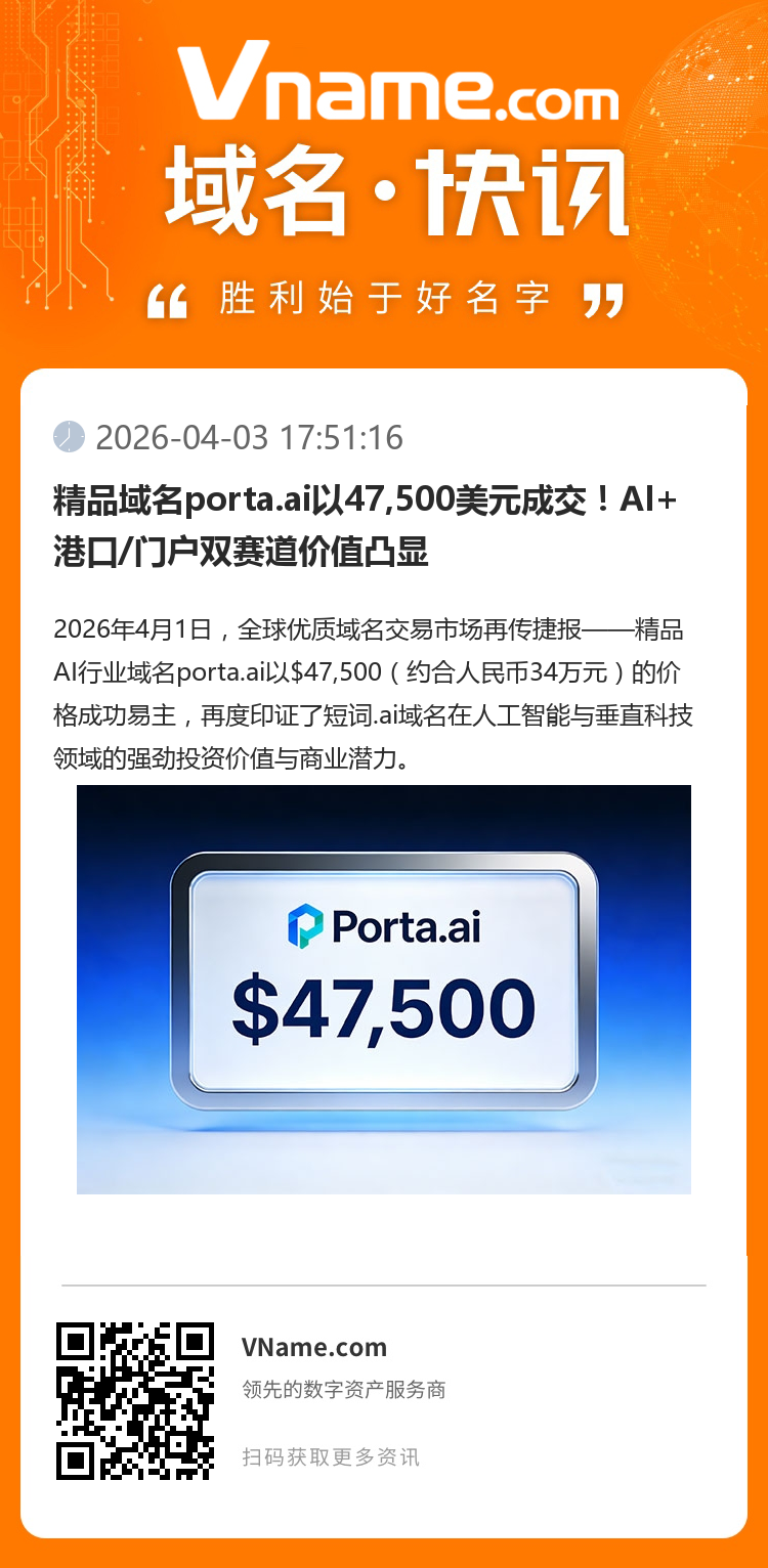 精品域名porta.ai以47,500美元成交！AI+港口/門戶雙賽道價值凸顯