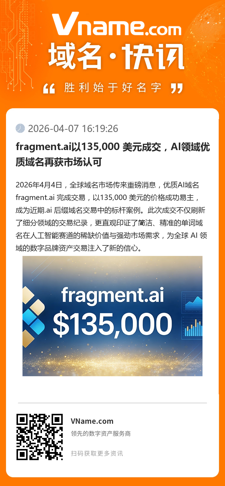 fragment.ai以135,000 美元成交，AI領域優質域名再獲市場認可