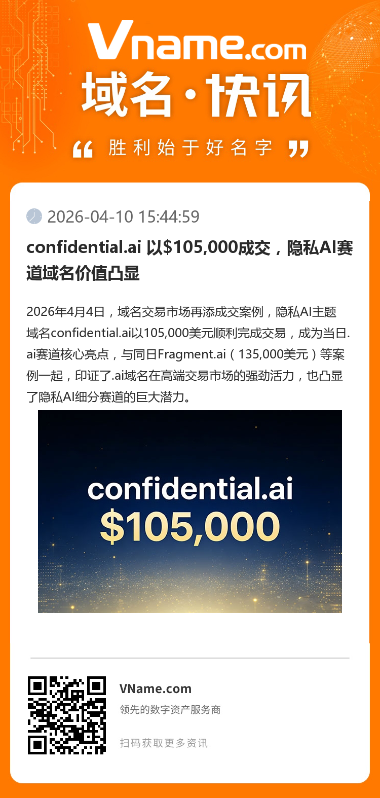 confidential.ai 以$105,000成交，隱私AI賽道域名價值凸顯