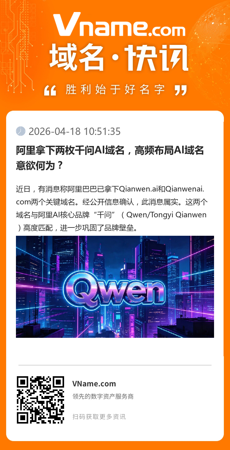 阿里拿下兩枚千問AI域名，高頻布局AI域名意欲何為？
