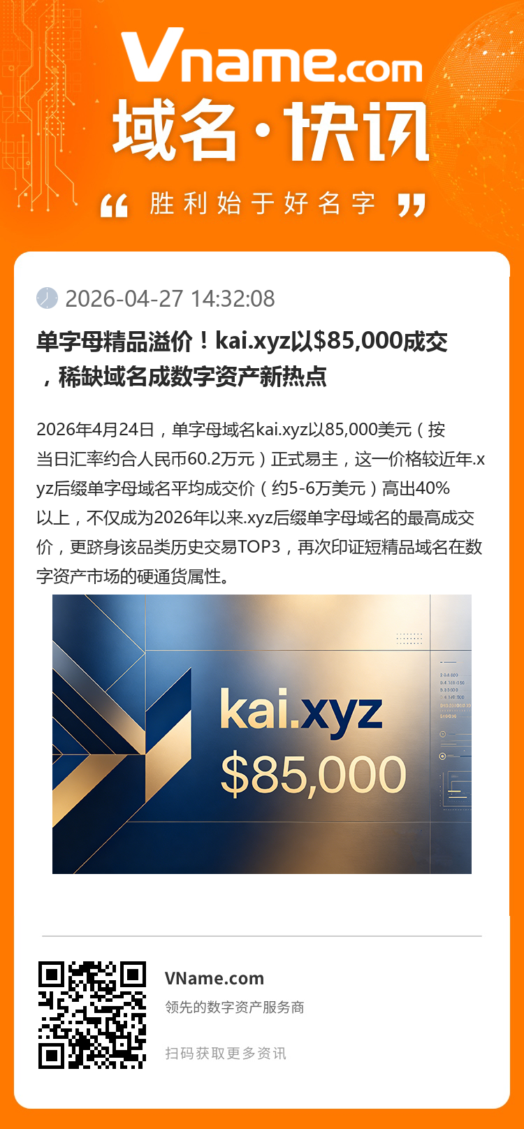 單字母精品溢價！kai.xyz以$85,000成交，稀缺域名成數字資產新熱點