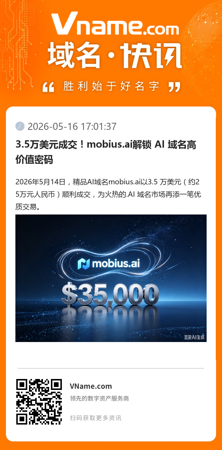 3.5萬美元成交！mobius.ai解鎖 AI 域名高價值密碼