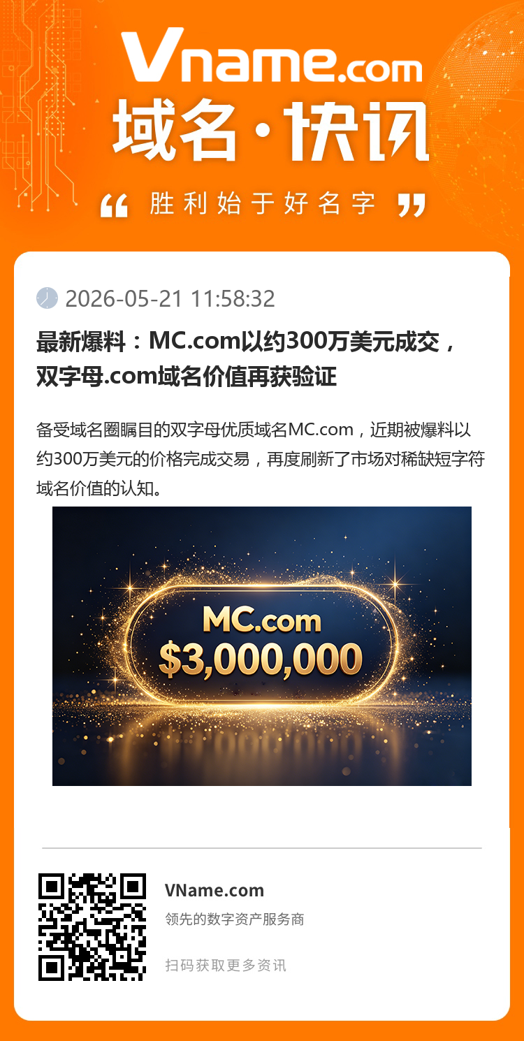 最新爆料：MC.com以約300萬美元成交，雙字母.com域名價值再獲驗證