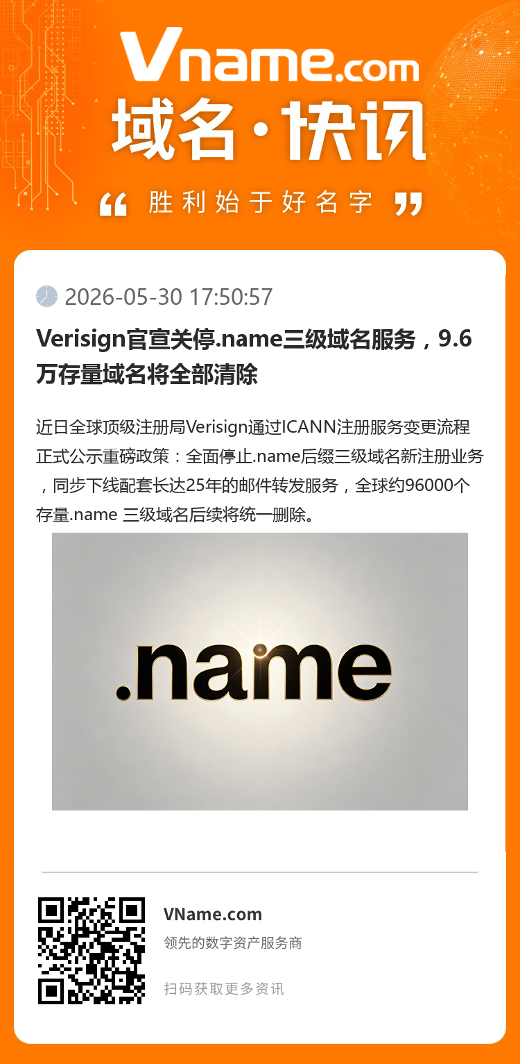 Verisign官宣關(guān)停.name三級域名服務(wù)，9.6萬存量域名將全部清除