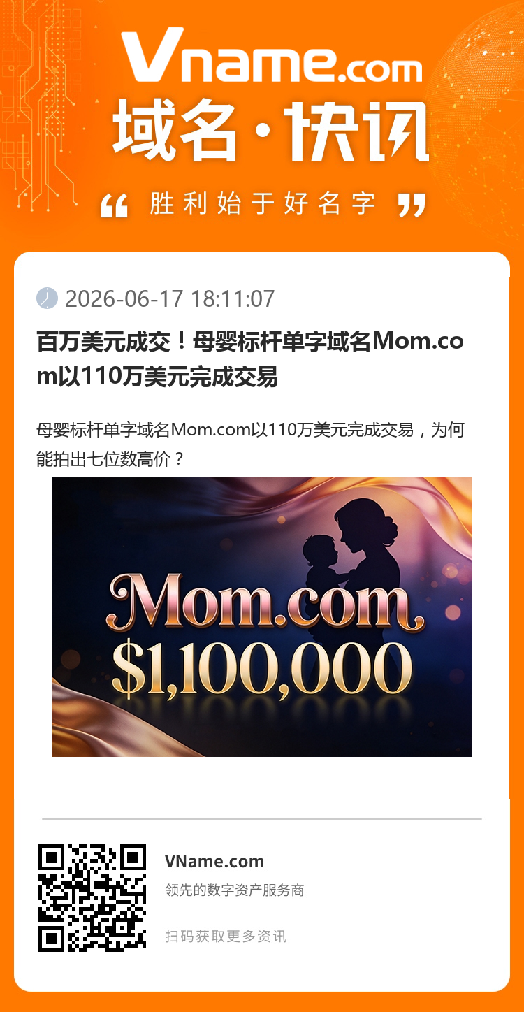 百萬美元成交！母嬰標桿單字域名Mom.com以110萬美元完成交易