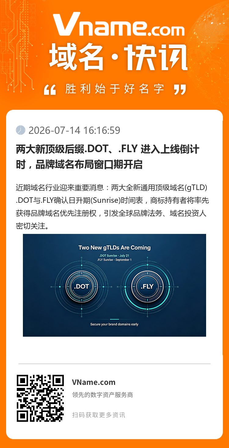 兩大新頂級(jí)后綴.DOT、.FLY 進(jìn)入上線倒計(jì)時(shí)，品牌域名布局窗口期開啟